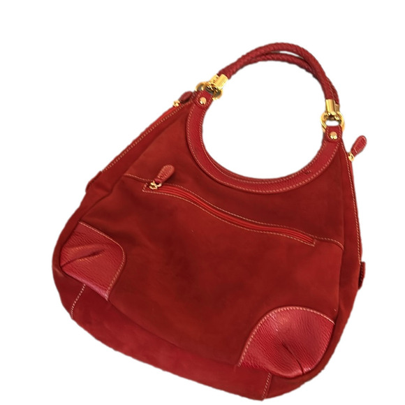 J. McLaughlin Red Suede Bag Leather Braided Handles RARE All Red - Picture 2 of 16